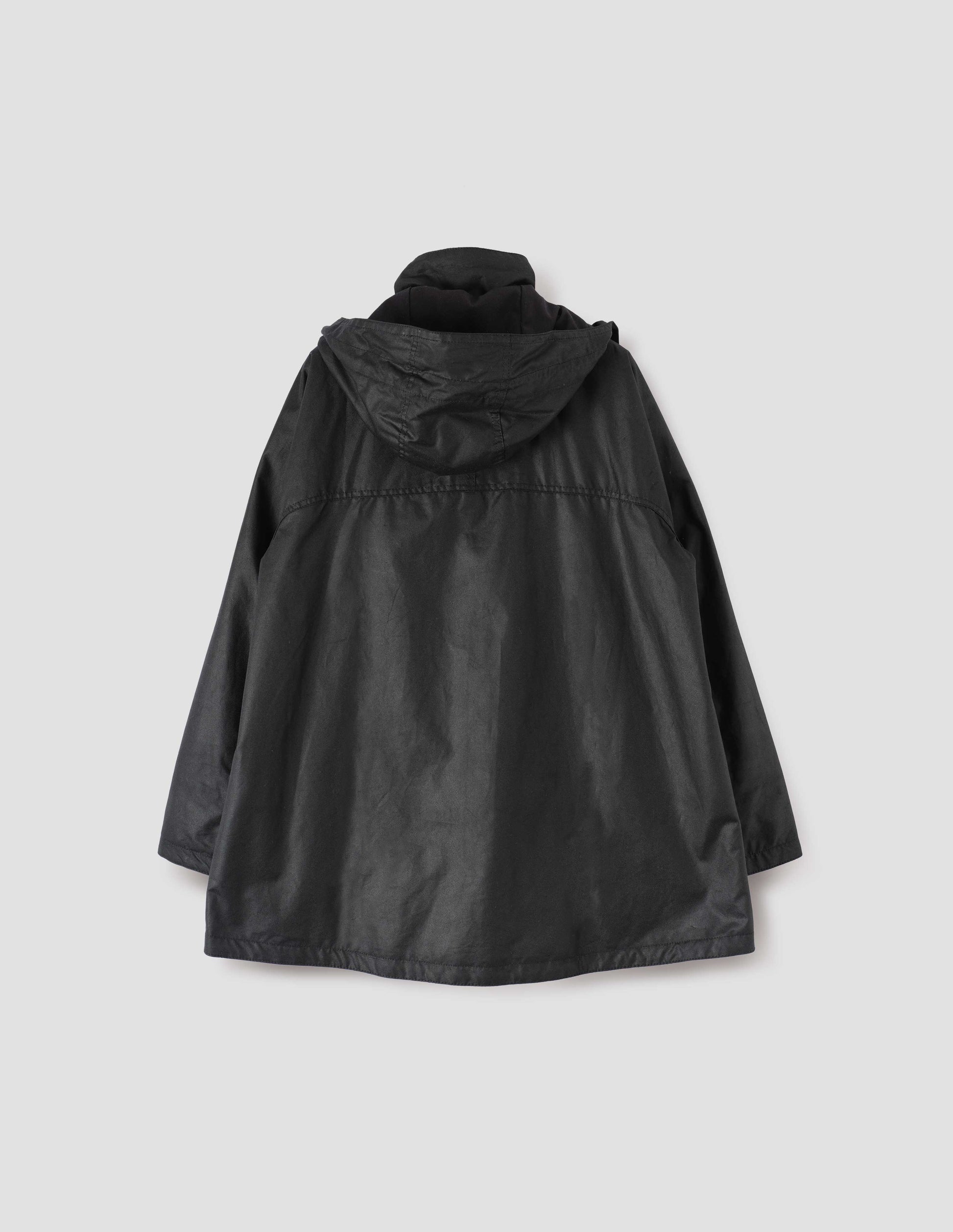 Black hooded parka with stand collar and raglan sleeve. Back flat lay view.