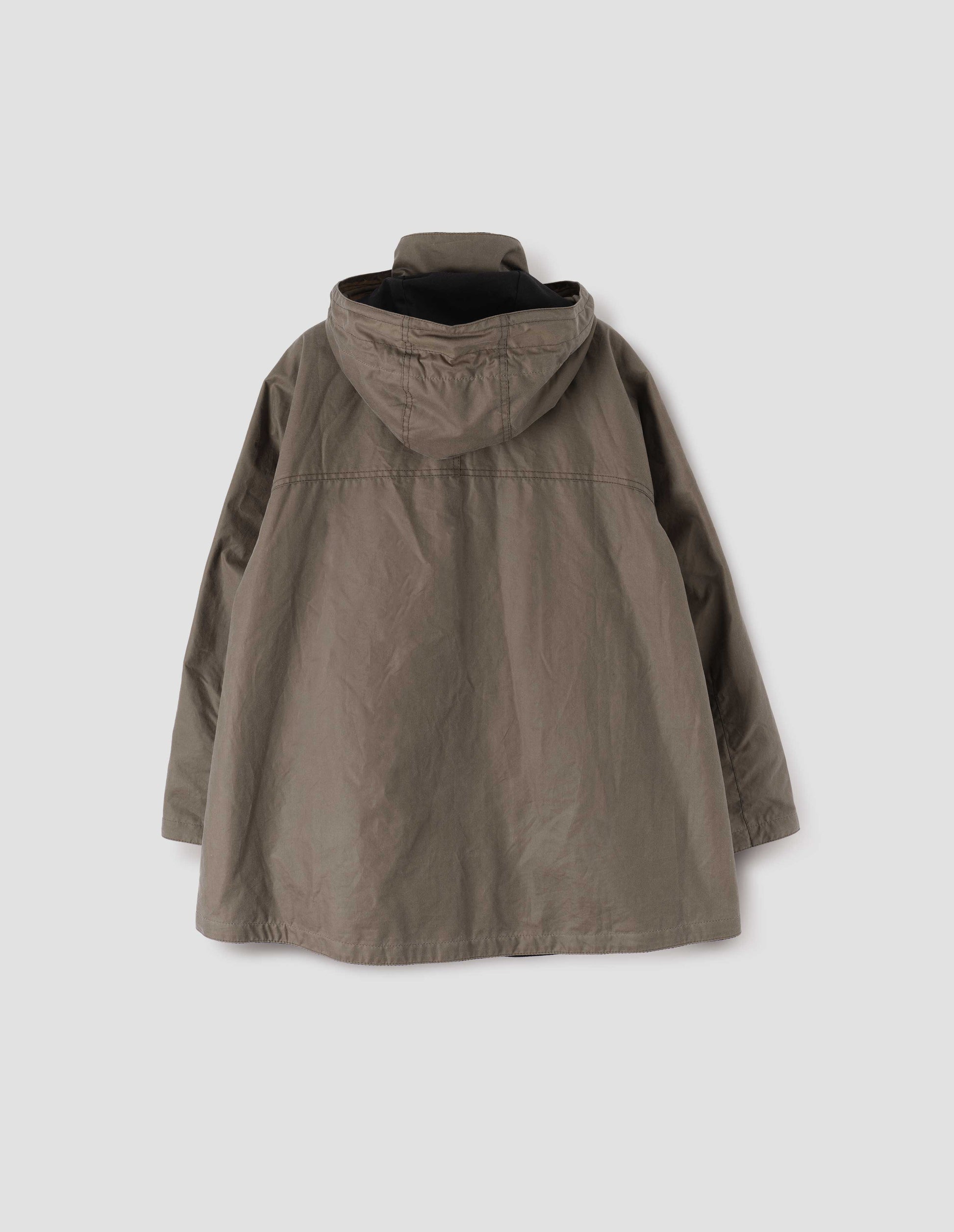 Dark beige hooded parka with stand collar and raglan sleeve. Back flat lay view.