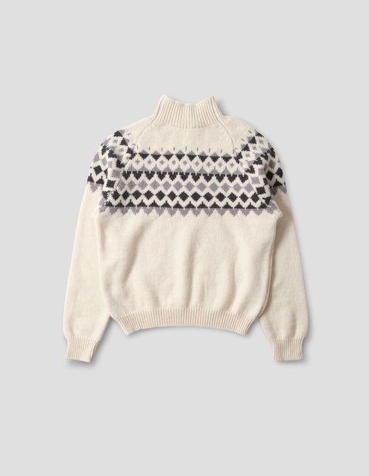 Ecru and grey fairisle jumper with inset sleeve and contrasting rib on high neck, cuffs and hem. Back flat lay view. 