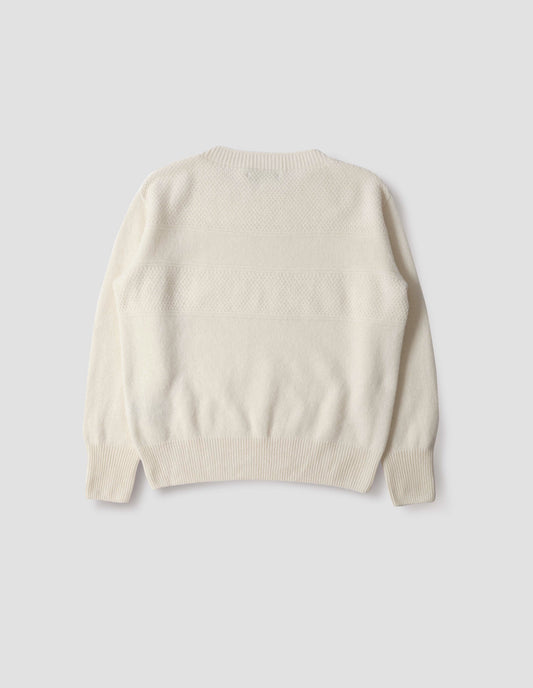 Ecru crew neck jumper with textured panelling on shoulders and back and contrasting rib on neck, cuffs and hem, back flat lay view.