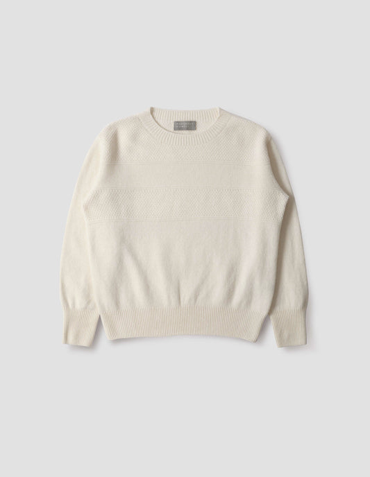 Ecru crew neck jumper with textured panelling on shoulders and chest and contrasting rib on neck, cuffs and hem, front flat lay view.