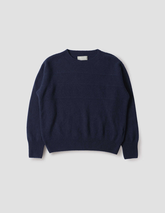 Navy blue crew neck jumper with textured panelling on shoulders and chest and contrasting rib on neck, cuffs and hem, front flat lay view.