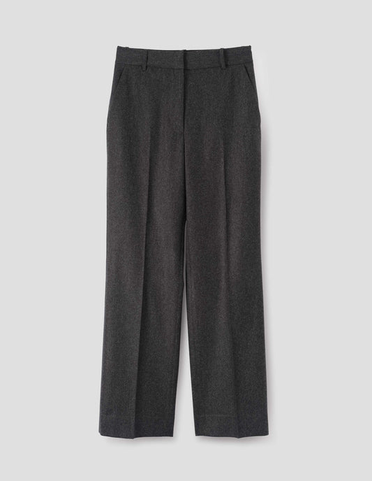 Charcoal grey wool trousers with slant side pockets, belt loops and concealed zip fastening. Front flat lay view.