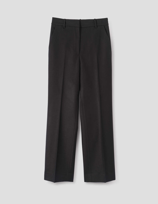 Black long leg wool trousers, with belt loops and side pockets. Front flat lay view.