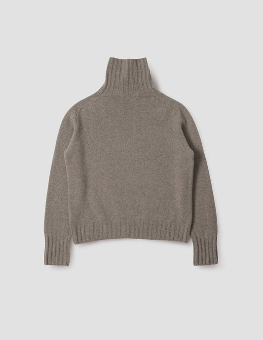 Beige high neck cashmere jumper, with saddle sleeve and contrasting wide rib on neck, cuffs and hem. Back flat lay view.