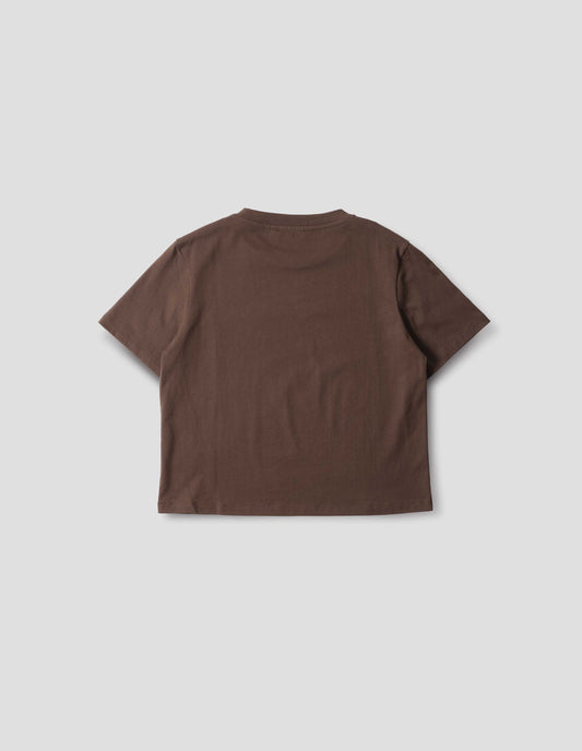 Dark brown jersey t-shirt with crew neck. Back flat lay view.
