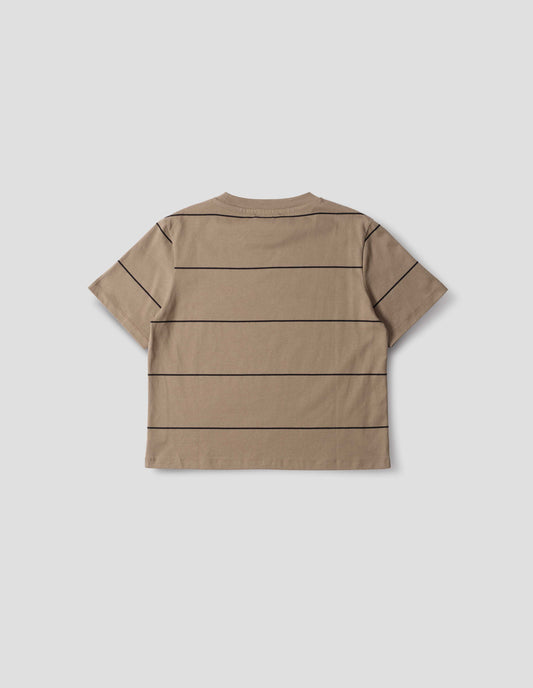Beige jersey t-shirt with black stripes and with crew neck. Back flat lay view.