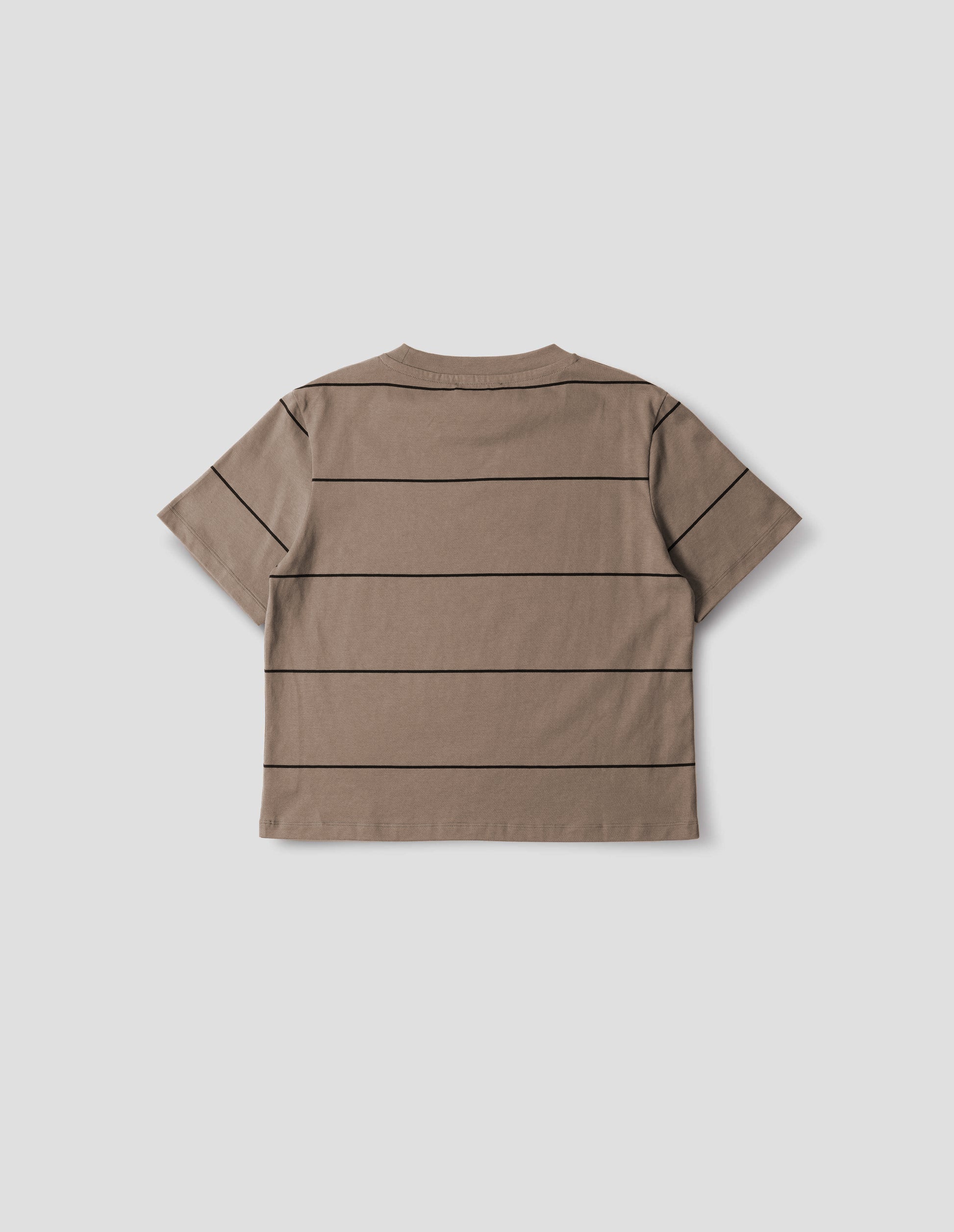 Beige jersey t-shirt with black stripes and with crew neck. Back flat lay view.