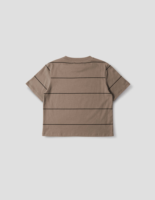 Beige jersey t-shirt with black stripes and with crew neck. Back flat lay view.