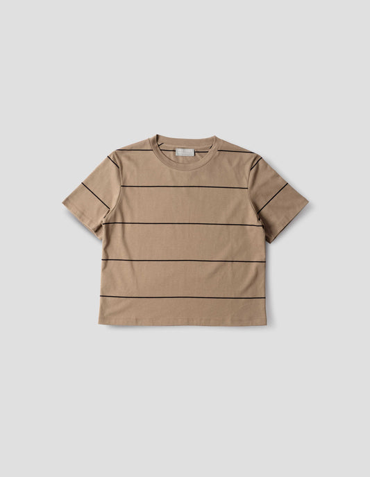 Beige jersey t-shirt with black stripes and with crew neck. Front flat lay view.