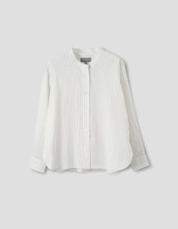BUTTON THROUGH COLLARLESS SHIRT | FINE COTTON SHADOW STRIPE | ECRU / SLATE