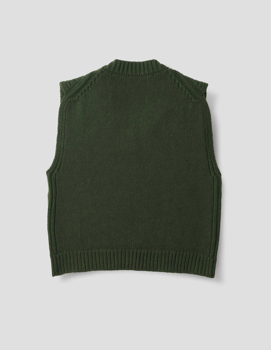 Green wool slipover with plain knitted back and ribbed neck, armholes, side seams and hem. Back flat lay view.