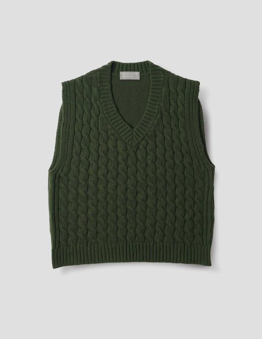 Green wool slipover with V neck, front cable design and ribbed neck, armholes, side seams and hem. Front flat lay view.