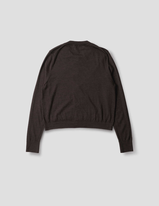 Dark brown merino cardigan with fully fashioned sleeves, French shoulder offset on back seam, and ribbed neck, cuffs and hem. Back flat lay view.