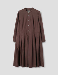 COLLARLESS PLEATED DRESS | FINE COUNT COTTON POPLIN | MAHOGANY