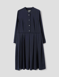 COLLARLESS PLEATED DRESS | FLUID WOOL PLAINWEAVE | MIDNIGHT
