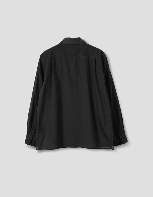 Black cotton cashmere shirt with contrast cotton poplin collar, covered domed buttons on cuffs, and deep vent split hem. Back flat lay view.