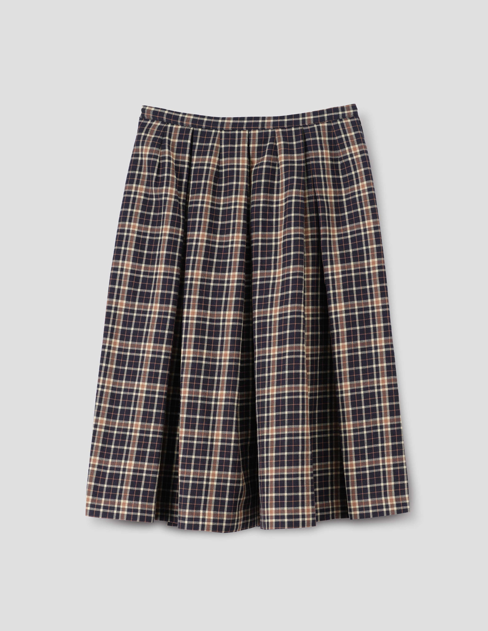 Dark blue wool linen  skirt with beige and brown checks, narrow waistband, concealed side zip with hook and bar fastening, box pleats with darts and concealed side seam pockets. Back flat lay view.