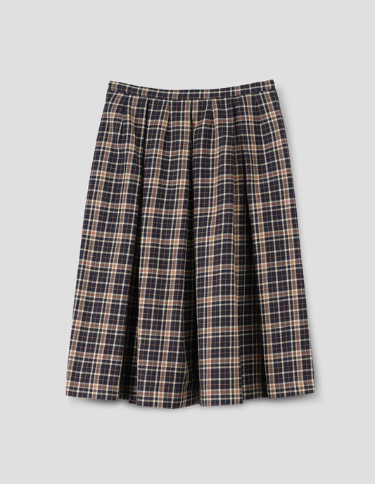 Dark blue wool linen  skirt with beige and brown checks, narrow waistband, concealed side zip with hook and bar fastening, box pleats with darts and concealed side seam pockets. Back flat lay view.