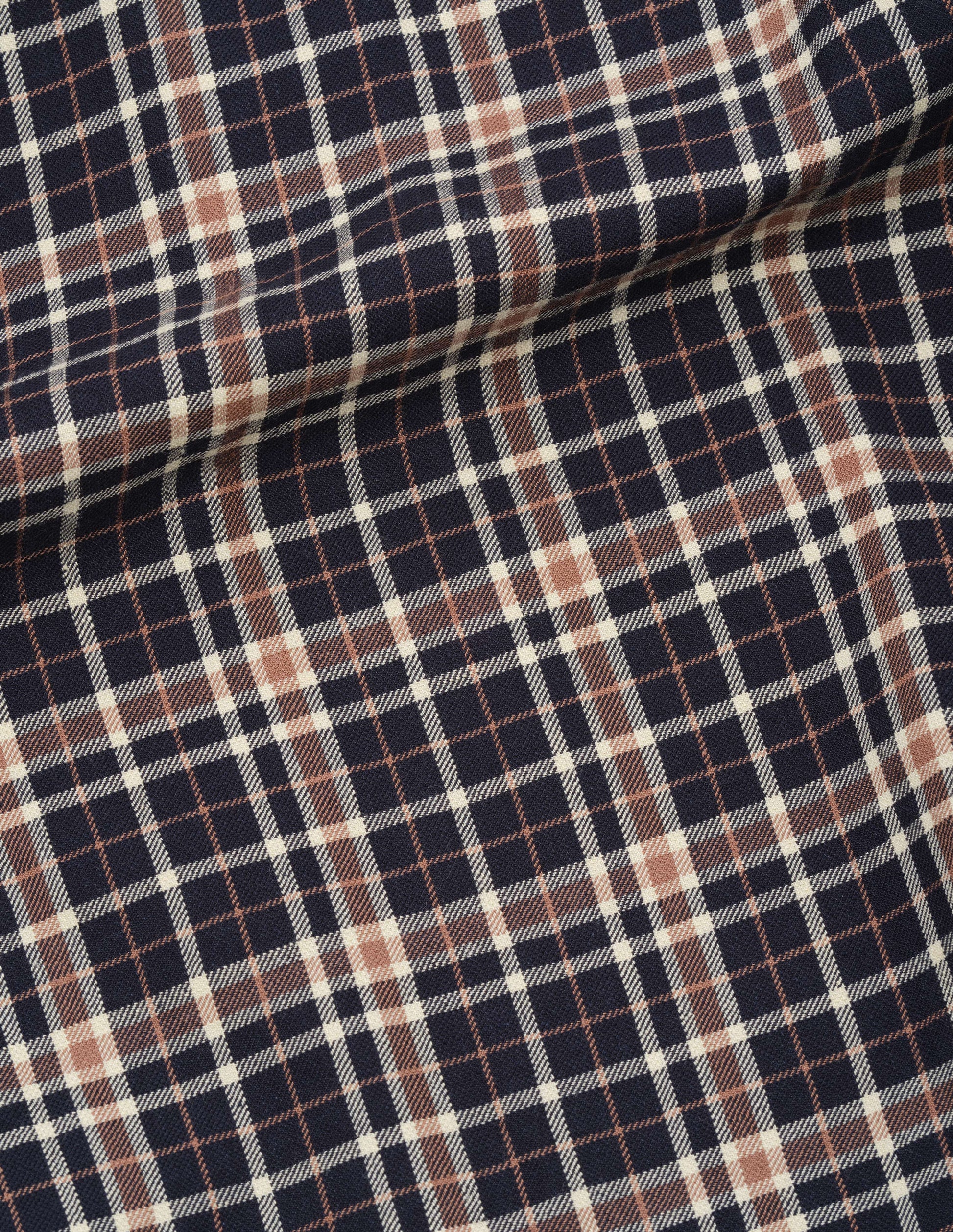 Dark blue with beige and brown wool linen check skirt fabric swatch.