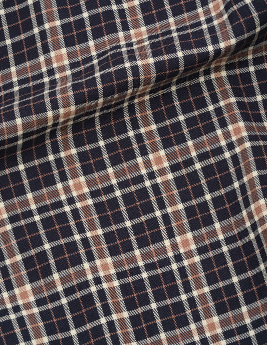 Dark blue with beige and brown wool linen check skirt fabric swatch.