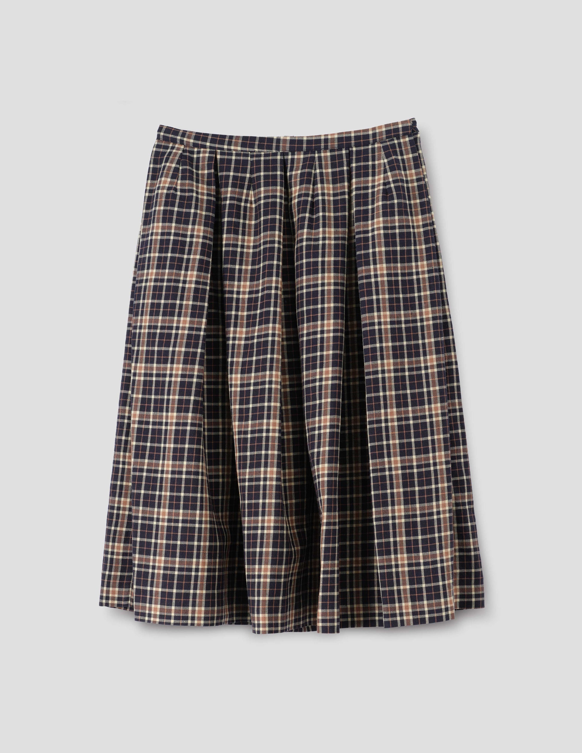 Dark blue wool linen  skirt with beige and brown checks, narrow waistband, concealed side zip with hook and bar fastening, box pleats with darts and concealed side seam pockets. Front flat lay view.
