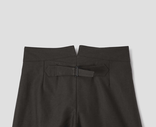 Grey cotton trousers with back cinch. Back flat lay view.
