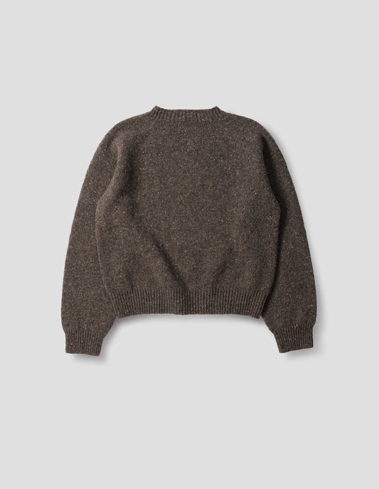 Brown crew neck wool jumper with fully fashioned bracelet length raglan sleeves, circular knitted body and wide rib detailing at neck, cuffs and hem. Back flat lay view.