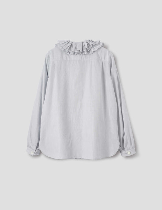 White cotton shirt with dark blue stripes, double ruffle collar, bracelet-length sleeves with mother of pearl buttons on narrow, gathered cuffs, and with curved hem. Back flat lay view. 