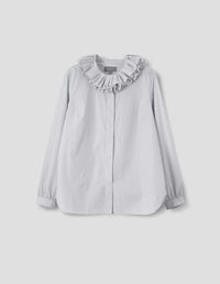 DOUBLE RUFFLE COLLAR SHIRT | COTTON MICRO STRIPE | WHITE / NAVY
