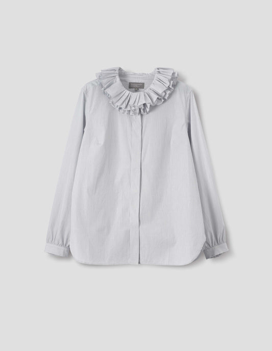 White cotton shirt with dark blue stripes, double ruffle collar, concealed placket with mother of pearl buttons, bracelet-length sleeves with mother of pearl buttons on narrow, gathered cuffs, and with curved hem. Front flat lay view.