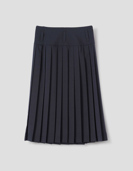Dark blue wool full wrap skirt with stitched-on belt loops on dropped waistband. Back flat lay view.