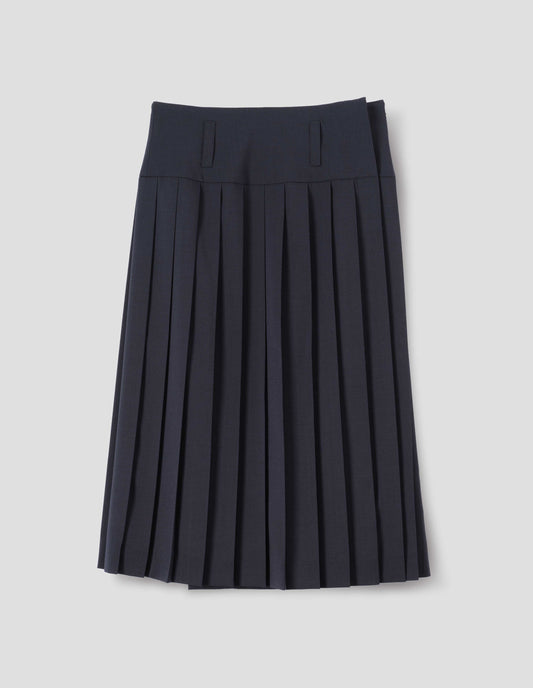 Dark blue wool full wrap skirt with stitched-on belt loops on dropped waistband and concealed fastening with horn buttons. Front flat lay view.
