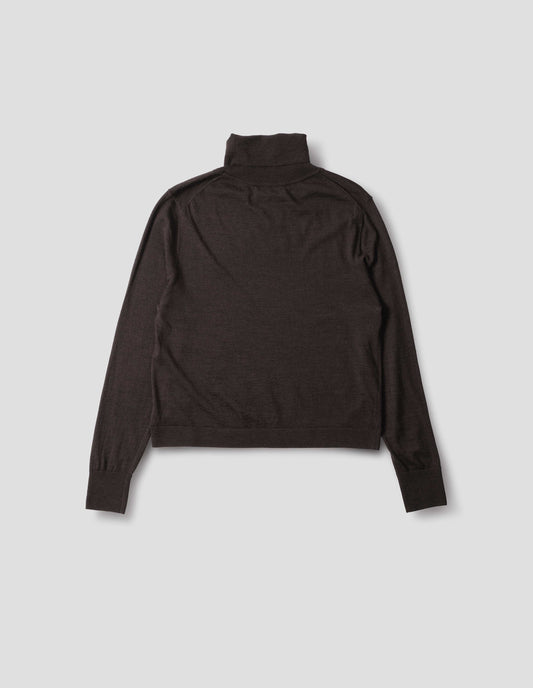 Dark brown merino knitted top with fully fashioned roll neck and armhole, and with ribbed neck, sleeves, cuff and hem. Back flat lay view.