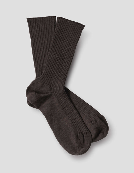 Dark brown wool socks, ribbed, front flat lay view.