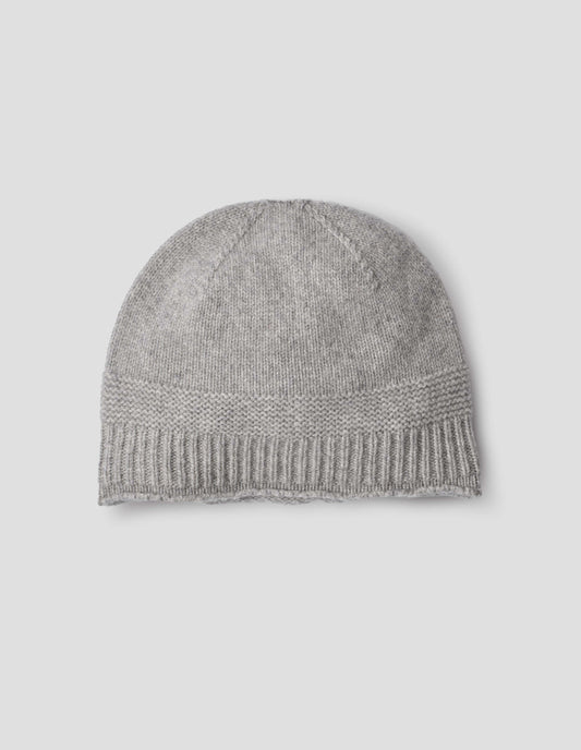 Grey merino cashmere knitted beanie with contrasting garter stitch and rib bands. Front flat lay view.