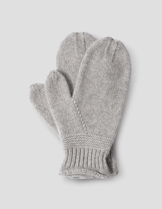 Grey merino cashmere knitted mittens with contrasting garter stitch band and rib cuffs. Front flat lay view.