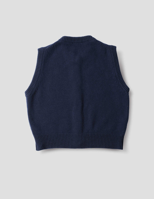 Dark blue cashmere merino knitted gilet with rib detailing at neck, armholes and hem. Back flat lay view.