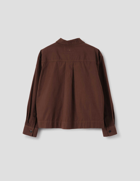 Brown cotton shirt, with box pleat on the back yoke and button cuffs, back flat lay view.