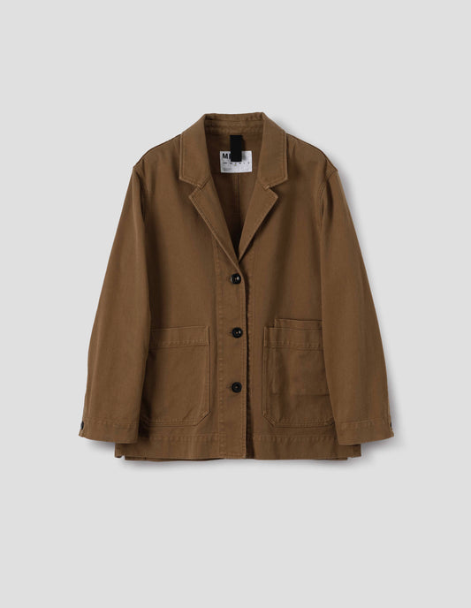 Brown cotton blazer, with large front pockets and three dark brown buttons, front flat lay view.