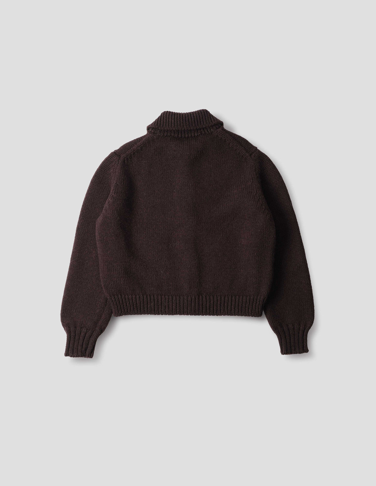 Dark brown boxy fit collared cardigan, with rib detailing on collar, hem and cuffs, back flat lay view.