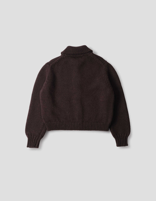 Dark brown boxy fit collared cardigan, with rib detailing on collar, hem and cuffs, back flat lay view.