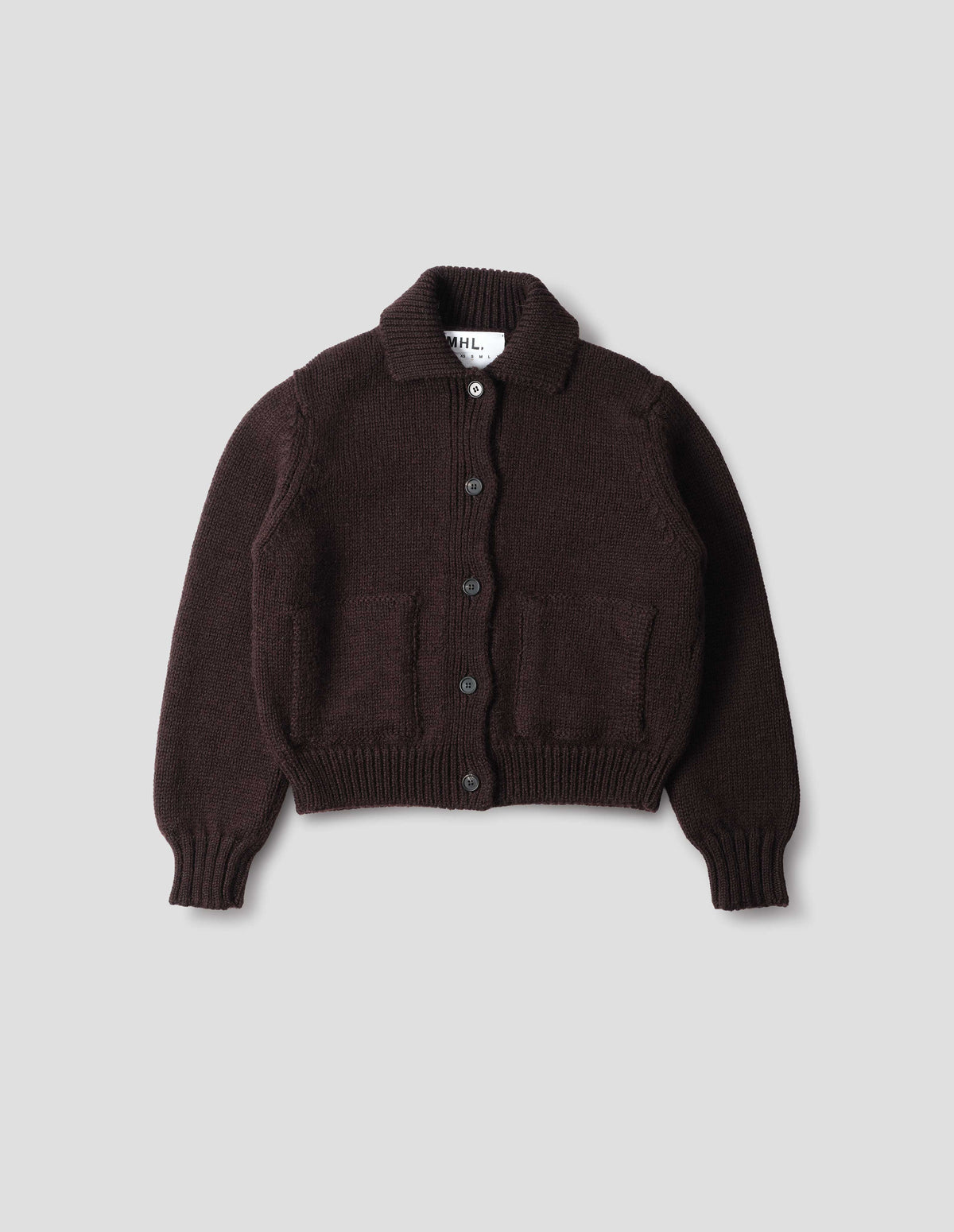 Dark brown boxy fit collared cardigan, with laid-on side entry pockets, and rib detailing on collar, placket, hem and cuffs, front flat lay view.