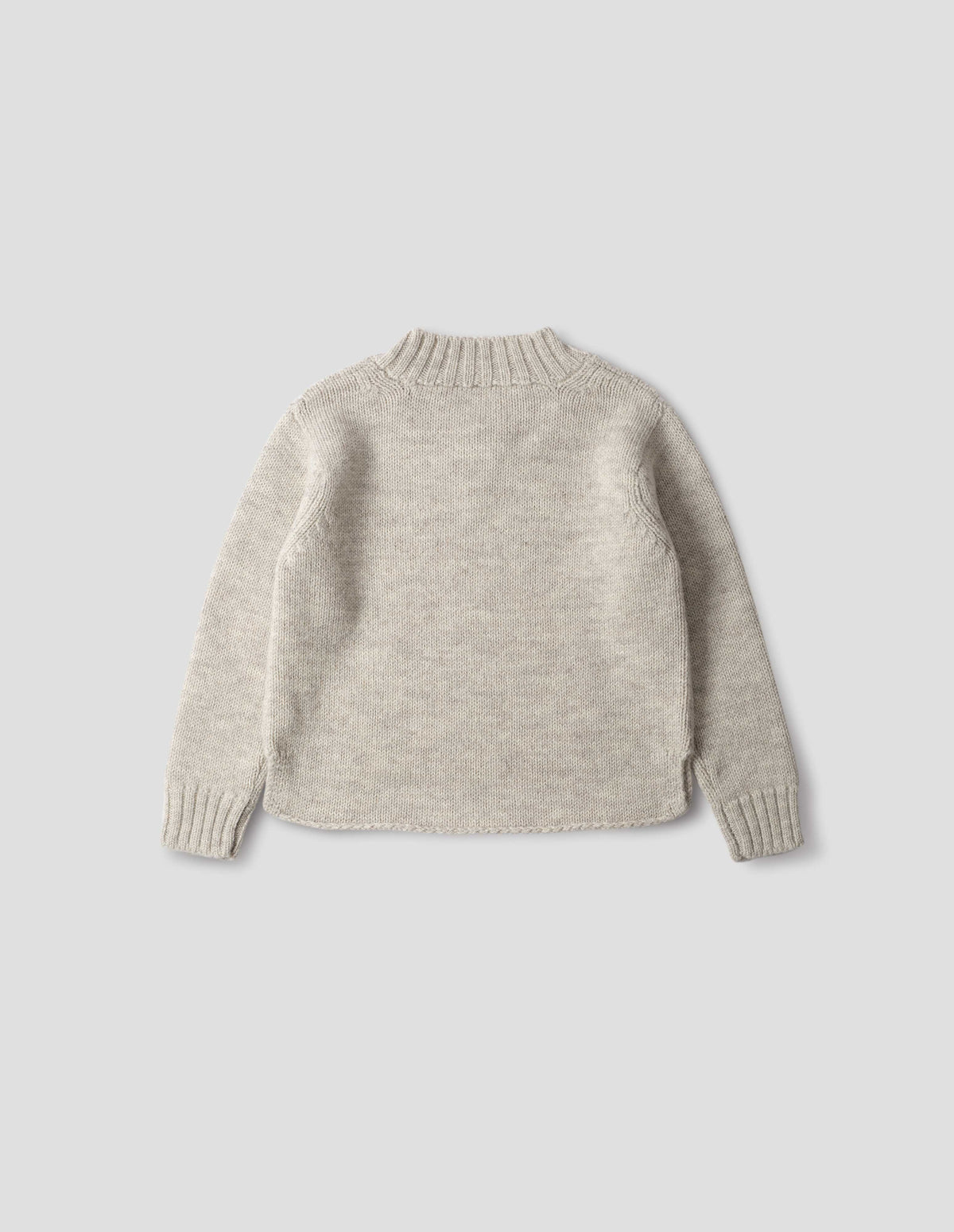 Greyish light beige wool chunky wool sweater with a deep ribbed neck, relaxed sleeves with rib cuffs and cast-off hem with side splits, back flat lay view.