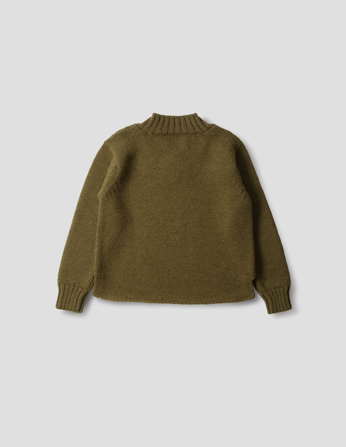 Brown green wool chunky wool sweater with a deep ribbed neck, relaxed sleeves with rib cuffs and cast-off hem with side splits, back flat lay view.