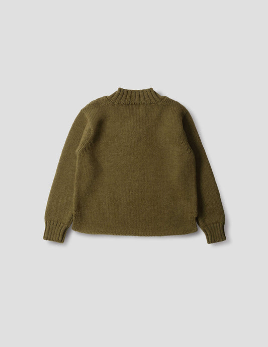 Brown green wool chunky wool sweater with a deep ribbed neck, relaxed sleeves with rib cuffs and cast-off hem with side splits, back flat lay view.