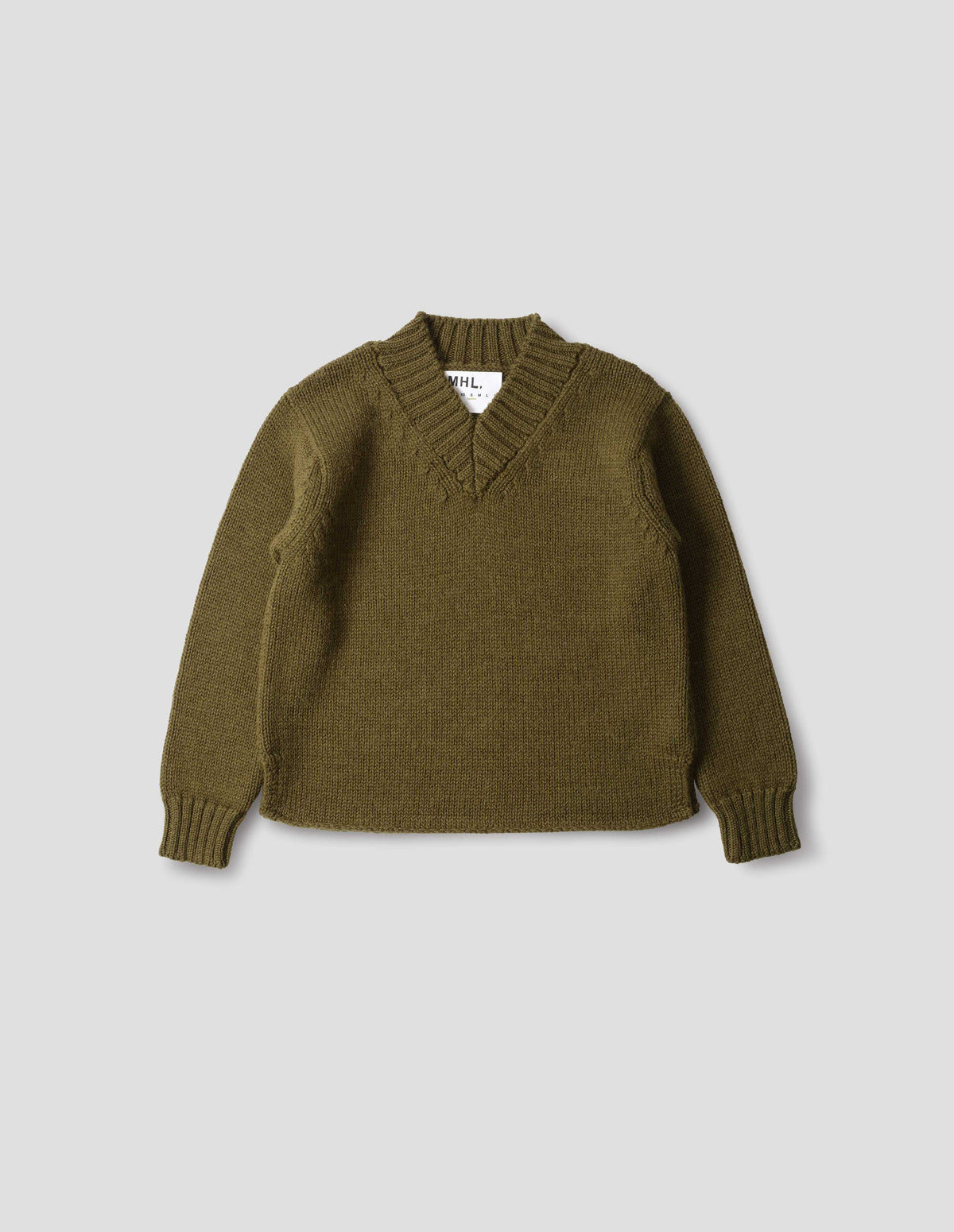 Brown green wool chunky wool sweater with a deep ribbed v neck, relaxed sleeves with rib cuffs and cast-off hem with side splits, front flat lay view.