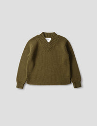 MHL. CHUNKY V NECK JUMPER | BRITISH WOOL | MOSS