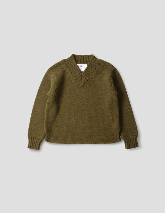 Brown green wool chunky wool sweater with a deep ribbed v neck, relaxed sleeves with rib cuffs and cast-off hem with side splits, front flat lay view.
