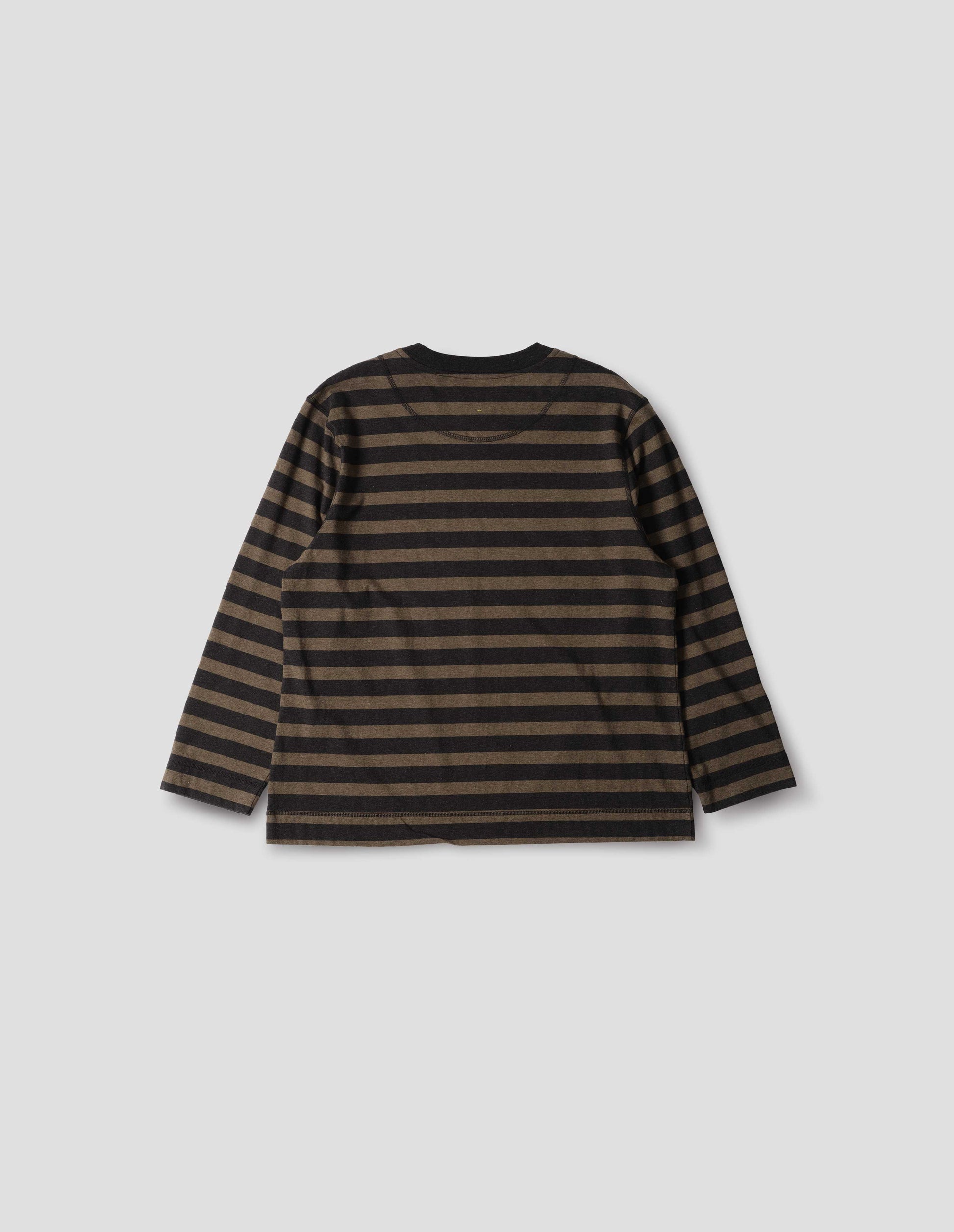 Off black and brown stripe cotton top, with half moon neck lining, and flatlock stitch detailing on the seams and back yoke, back flat lay view.